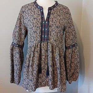 New Alchemy Embroidered Blouse Country Boho Cottage Peasant Western Tassel Top S